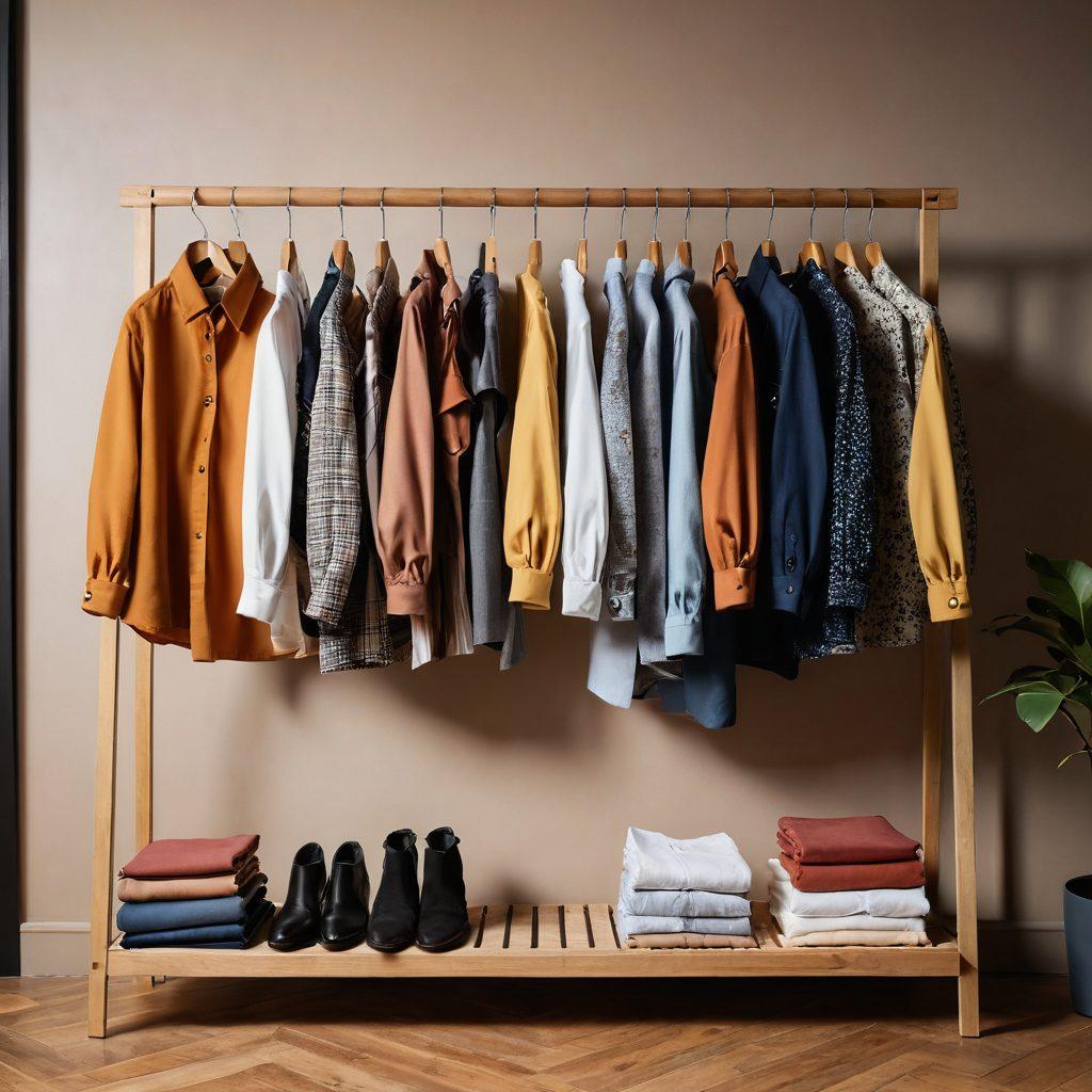 A fashion-forward wardrobe display featuring Rsvlt clothing alongside trendy outfits. Include a variety of colorful shirts, stylish jackets, and unique accessories, all arranged aesthetically on a wooden rack. Soft lighting casts a warm glow, highlighting the textures of the fabrics. A minimalistic background with subtle patterns enhances the stylish theme. vibrant colors. super-realistic. minimalistic background.
