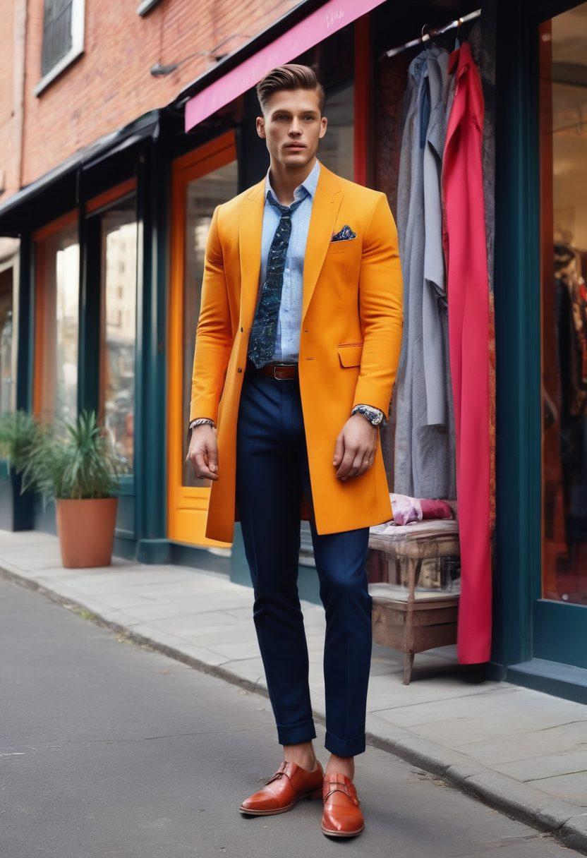 A modern man confidently showcasing a variety of stylish outfits within a chic urban environment, featuring vibrant textiles, accessories, and shoes. Include a stylish boutique in the background and a range of fashion items like ties, jackets, and shoes artistically displayed around him. The scene should evoke a sense of sophistication and contemporary style. super-realistic. vibrant colors. urban background.