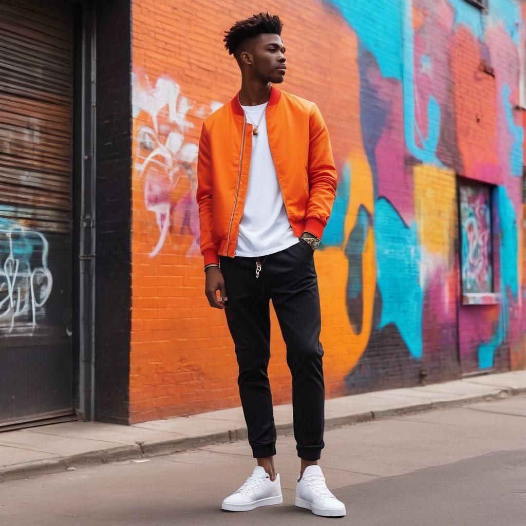 A stylish urban male figure standing confidently in a vibrant street setting, showcasing a mix of trendy streetwear and classic pieces. Surround him with graffiti murals, trendy cafes, and chic accessories to reflect urban culture. Use bold colors to emphasize the clothing and an effortless cool attitude. Include fashion magazines and style guides scattered in the foreground. super-realistic. vibrant colors. city backdrop.